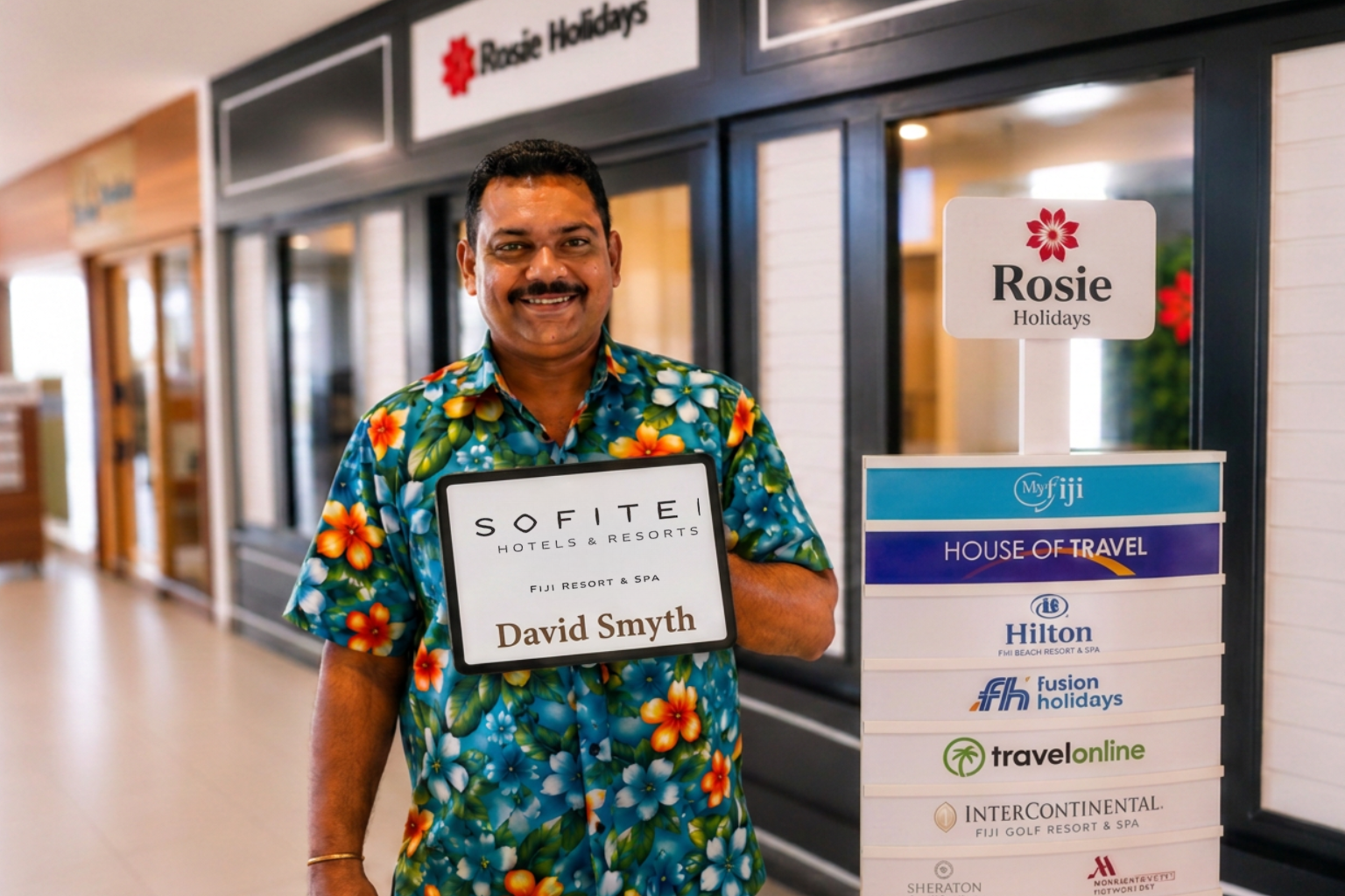 Rosie Holidays driver concierge with Sofitel welcome sign at Nadi Airport
