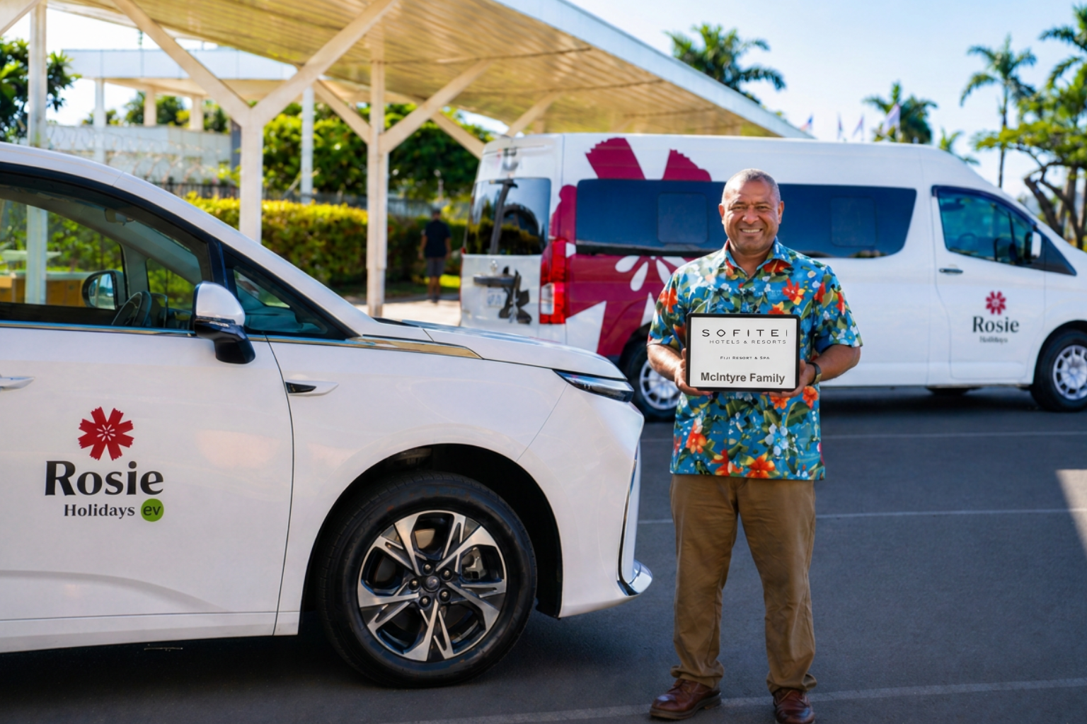 Fiji VIP Transfers driver with Sofitel Fiji Resort & Spa meet & greet sign at Nadi Airport